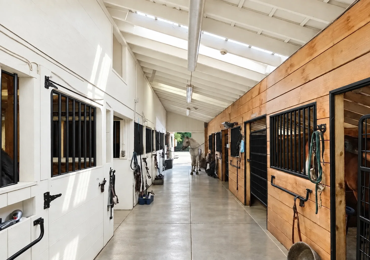 Second barn aisle with stalls and hanging tack