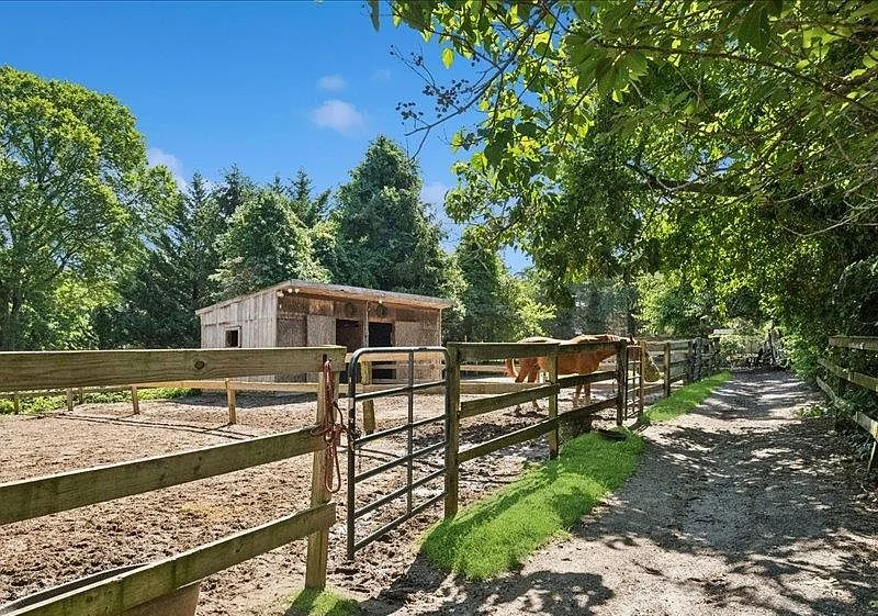 Fenced paddocks with a run-in shed beside the arena