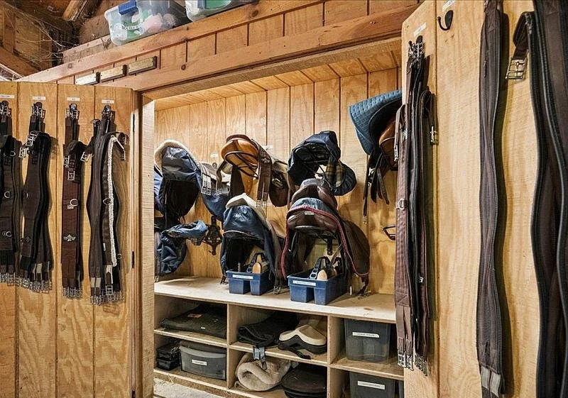 Tack room wall hung with bridles and saddles on racks